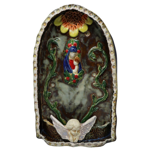Ceramic Wall Hanging – Handcrafted Virgen and Baby with Angel (10x6 Inches)
