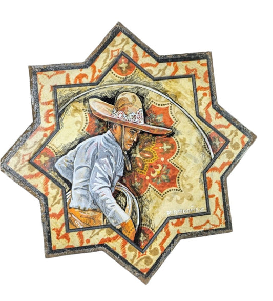 El Charro Traditional Mexican Charro Acrylic Painting on Wooden Star