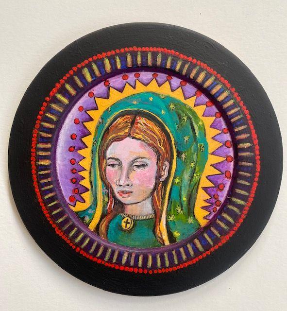 Our Lady of Guadalupe Bas-Relief Acrylic Painting on Wooden Plate