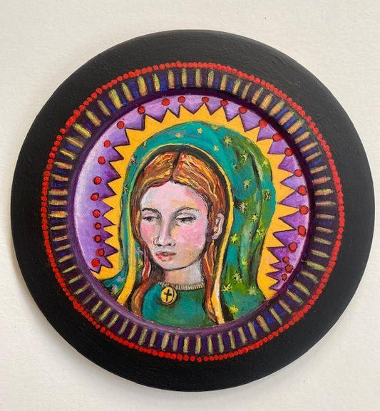 Our Lady of Guadalupe Bas-Relief Acrylic Painting on Wooden Plate