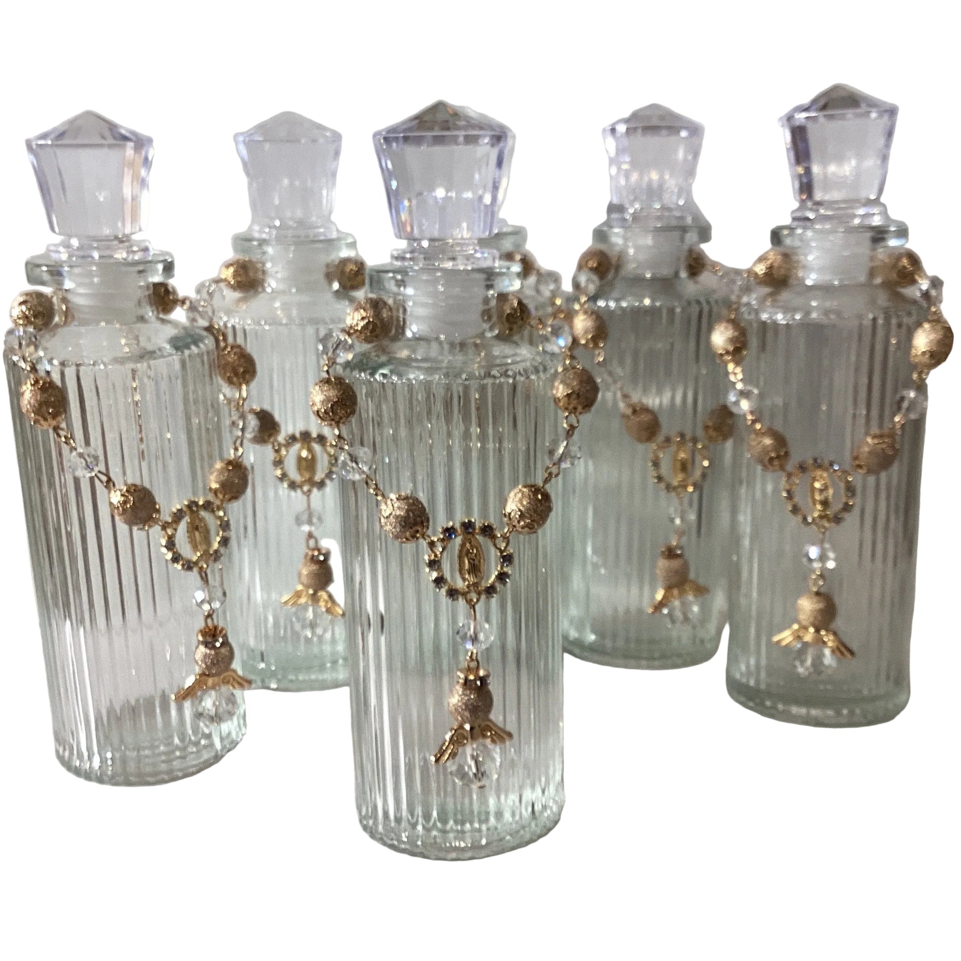 Clear glass holy water bottle and Guadalupe car rosary set, Catholic Christian gifts with religious symbols and detailed design.