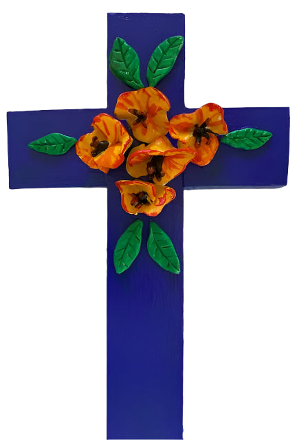 Cobalt Blue Oak Wall Cross with Stylized Poppies – Handcrafted 11.5” x 7” Christian Art