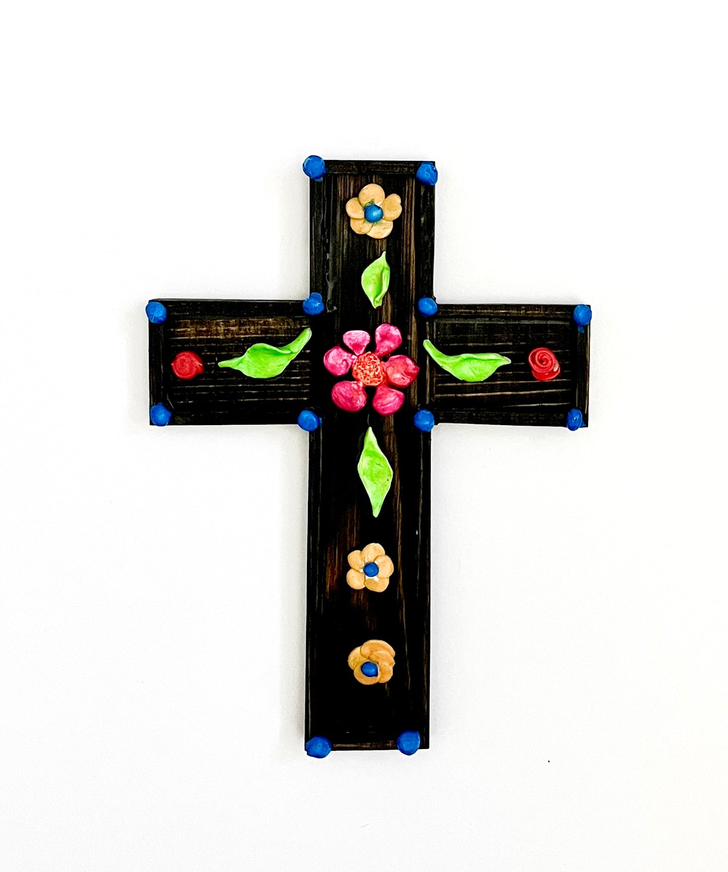 Colorful clay flower cross on handcrafted stained wooden cross with walnut finish, Christian gift by Susan W Perez