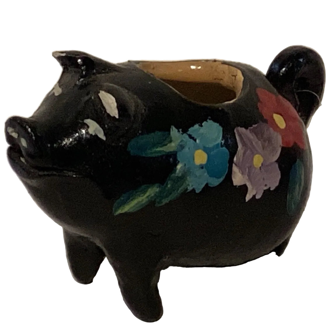 Colorful hand-painted mini clay pig figurine, Mexican folk art decor, 2 inches, by Ysleta Mission Gift Shop.