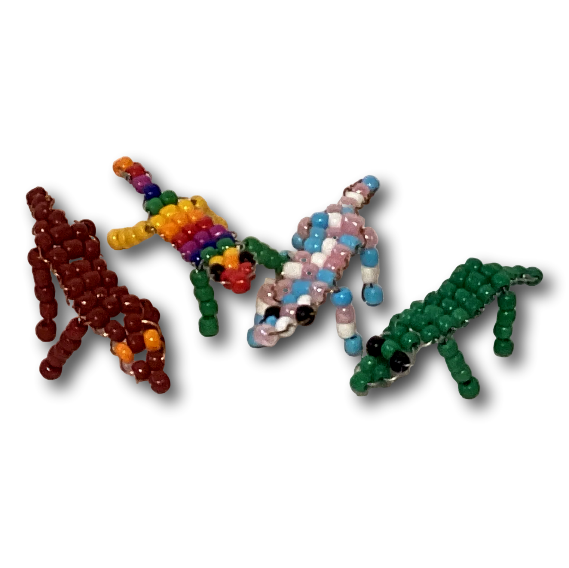 Colorful handmade beaded posable lizard figurine from Ysleta Mission Gift Shop, featuring vibrant Mexican folk art designs, 2 inches.