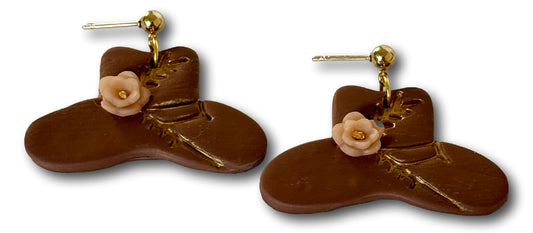 Cowboy Floral Hat Polymer Clay Dangle Earrings – 1"x1.2" with 18k Gold Plated Stud Posts