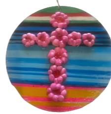 Flower Cross Ornament with Serape – Unique Floral Bas Relief Cross with Vibrant Serape Background