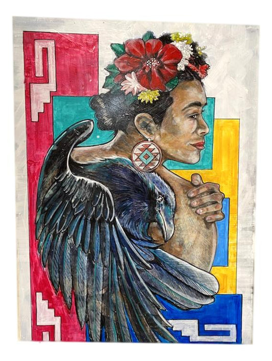 Original Art Frida with Raven Acrylic Over Wood Canvas