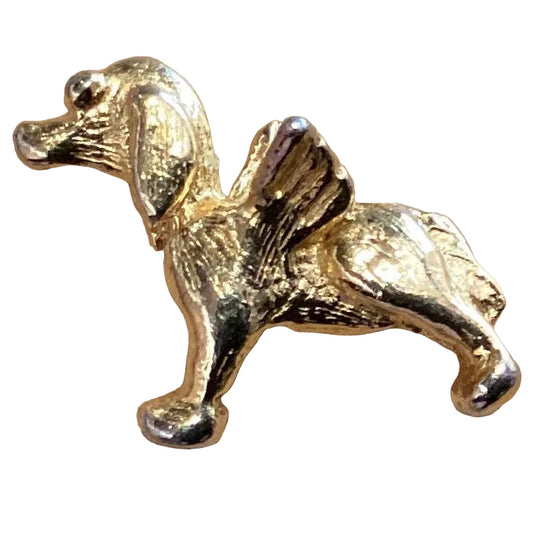 Gold dog with angel wings brooch, 0.75-inch Catholic Christian jewelry, featuring detailed design and angelic symbolism.