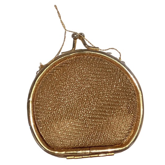 Gold-tone mesh coin purse, vintage 3-inch size made in Italy, from Ysleta Mission Gift Shop, ideal for vintage collectibles.
