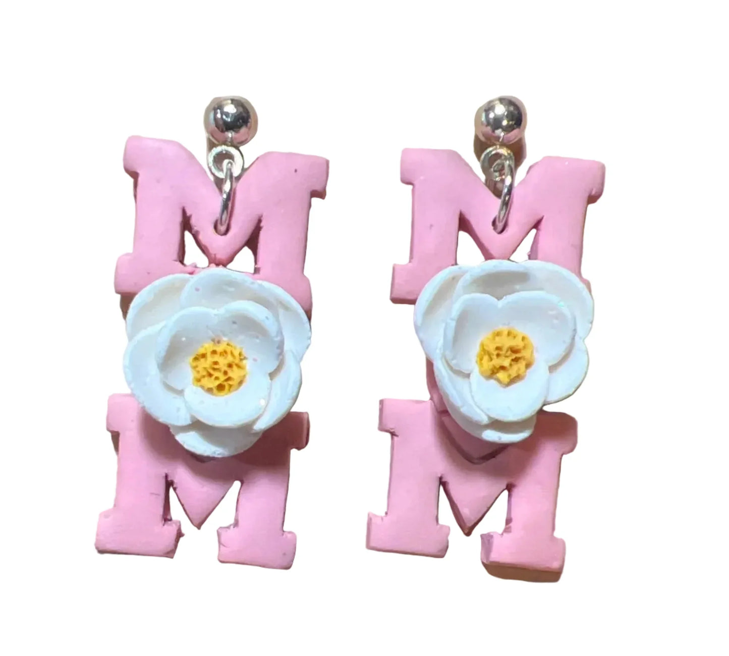 Handcrafted Clay Floral MOM Dangle Earrings, Stainless Steel Posts