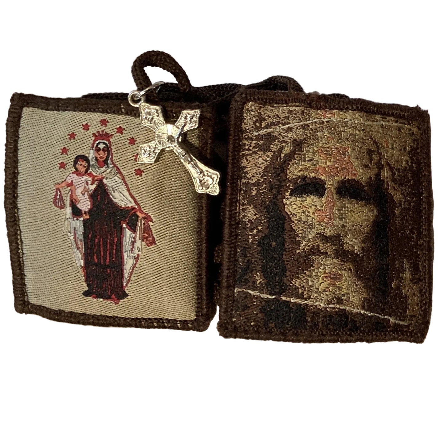 Wool scapular featuring the Shroud of Turin and Madonna with Child, with a silver crucifix, Catholic Christian gift.