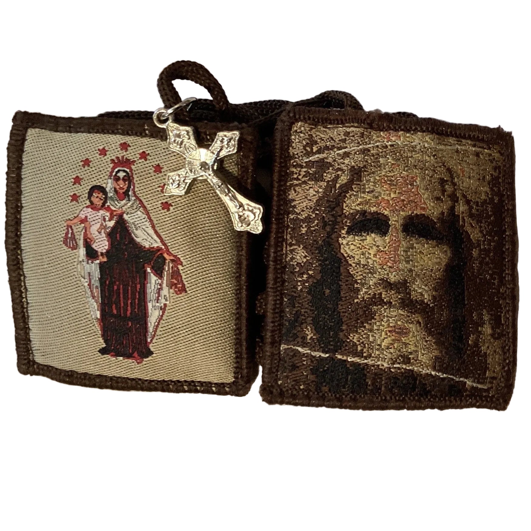 Wool scapular featuring the Shroud of Turin and Madonna with Child, with a silver crucifix, Catholic Christian gift.