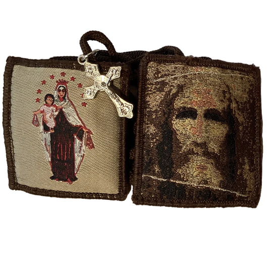 Wool scapular featuring the Shroud of Turin and Madonna with Child, with a silver crucifix, Catholic Christian gift.