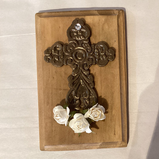 Bronze Cross Plaque with White Roses – Christian Wall Decor 5x3 - Ysleta Mission Gift Shop