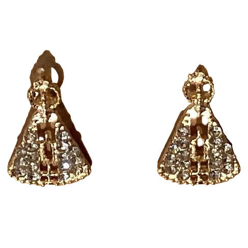 Gold tone religious earrings with intricate designs, jewelry and accessories by Ysleta Mission Gift Shop.