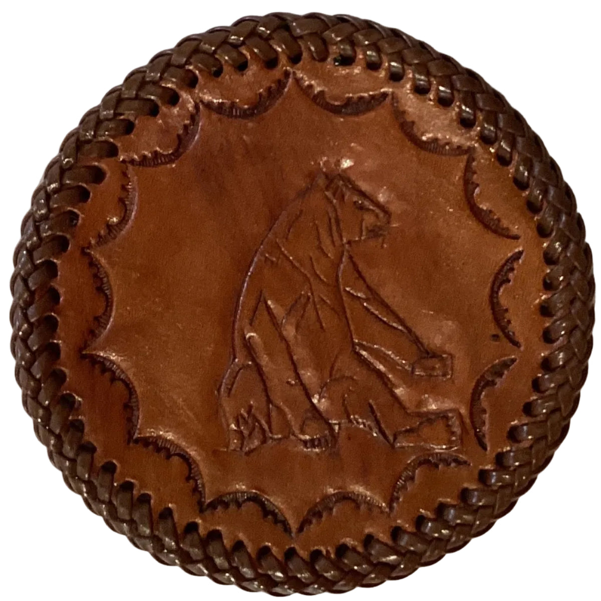 Leather embossed 3.5-inch coasters with intricate designs, featuring high-quality craftsmanship from Ysleta Mission Gift Shop.