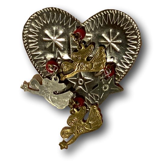 Heart-shaped brooch with dangling star and angel charms, 2.5 inches, jewelry and accessories by Ysleta Mission Gift Shop.