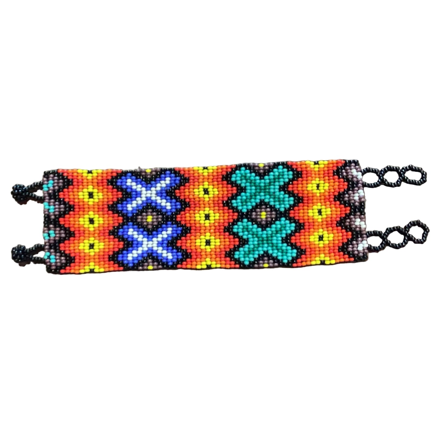 Handmade Mexican beaded wide bracelet by Jose Alberto Chavez featuring colorful intricate beadwork and traditional design.