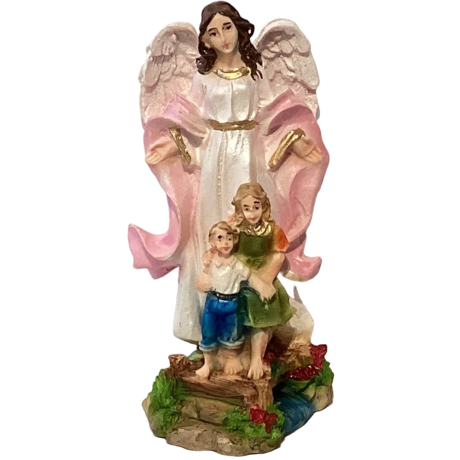 Resin guardian angel statue watching over children, 6 or 8 inches, Catholic religious gift, Ysleta Mission Christian statuette.