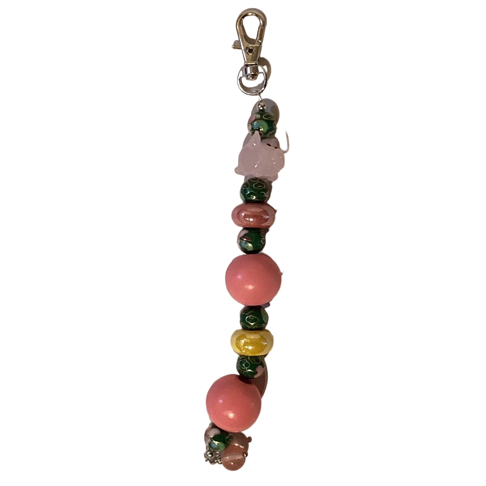 Handmade beaded keychain with glass gemstones and lava rock beads, 6 inches long, from Ysleta Mission Gift Shop.