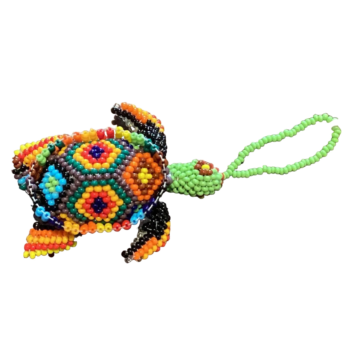 Handmade Mexican beaded turtle ornament by Jose Alberto Chavez, featuring intricate seed bead design for bag accessories.
