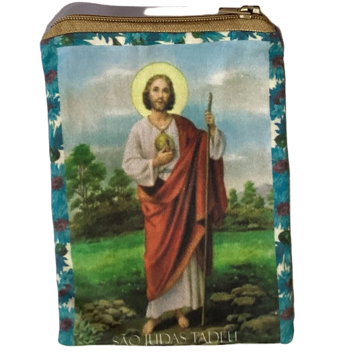 Religious art pouch from Ysleta Mission Gift Shop, 5-inch size with detailed religious imagery and vibrant colors.