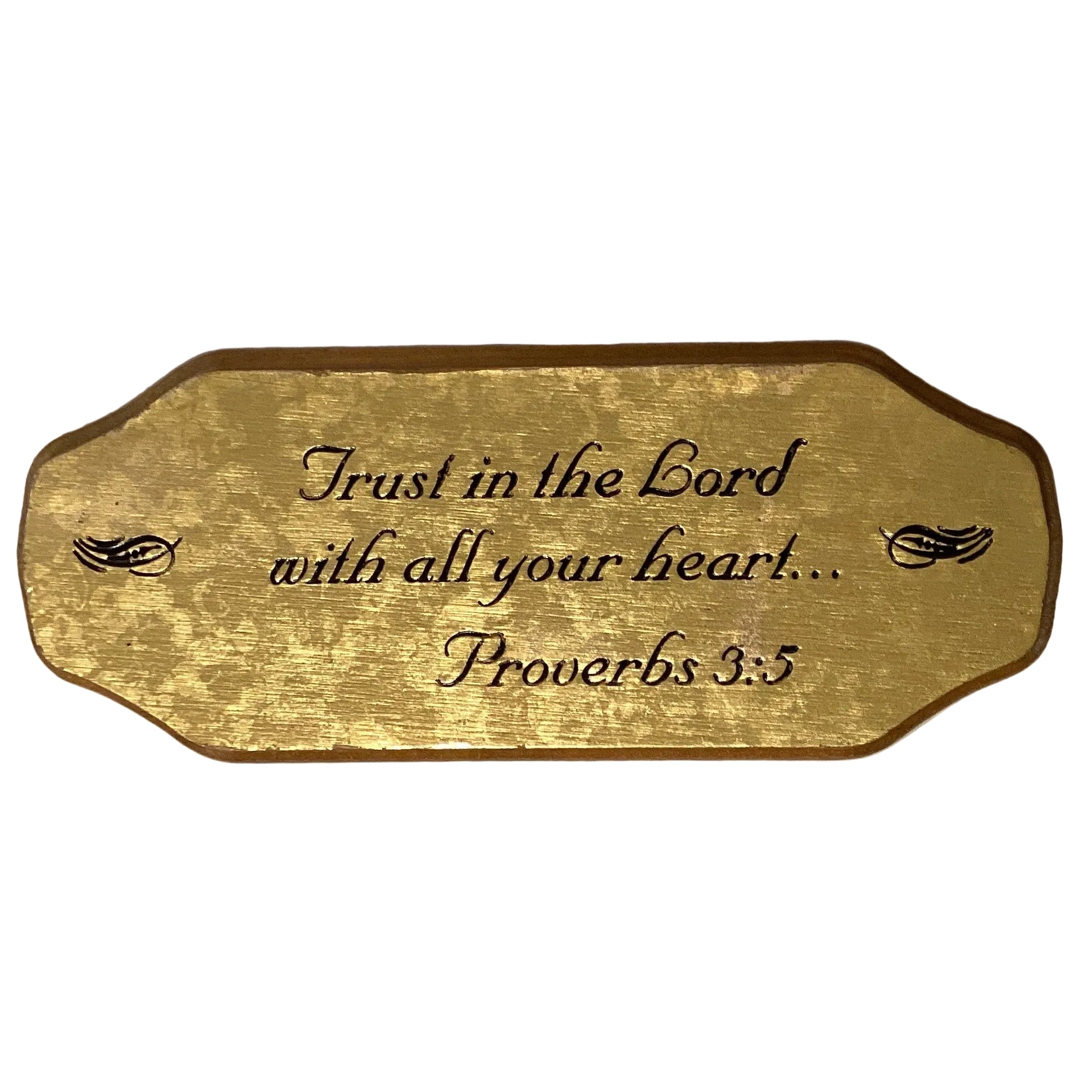 Wood plaque with Proverbs 3:5 Bible verse in elegant script, natural wood finish, ideal for inspirational home decor.