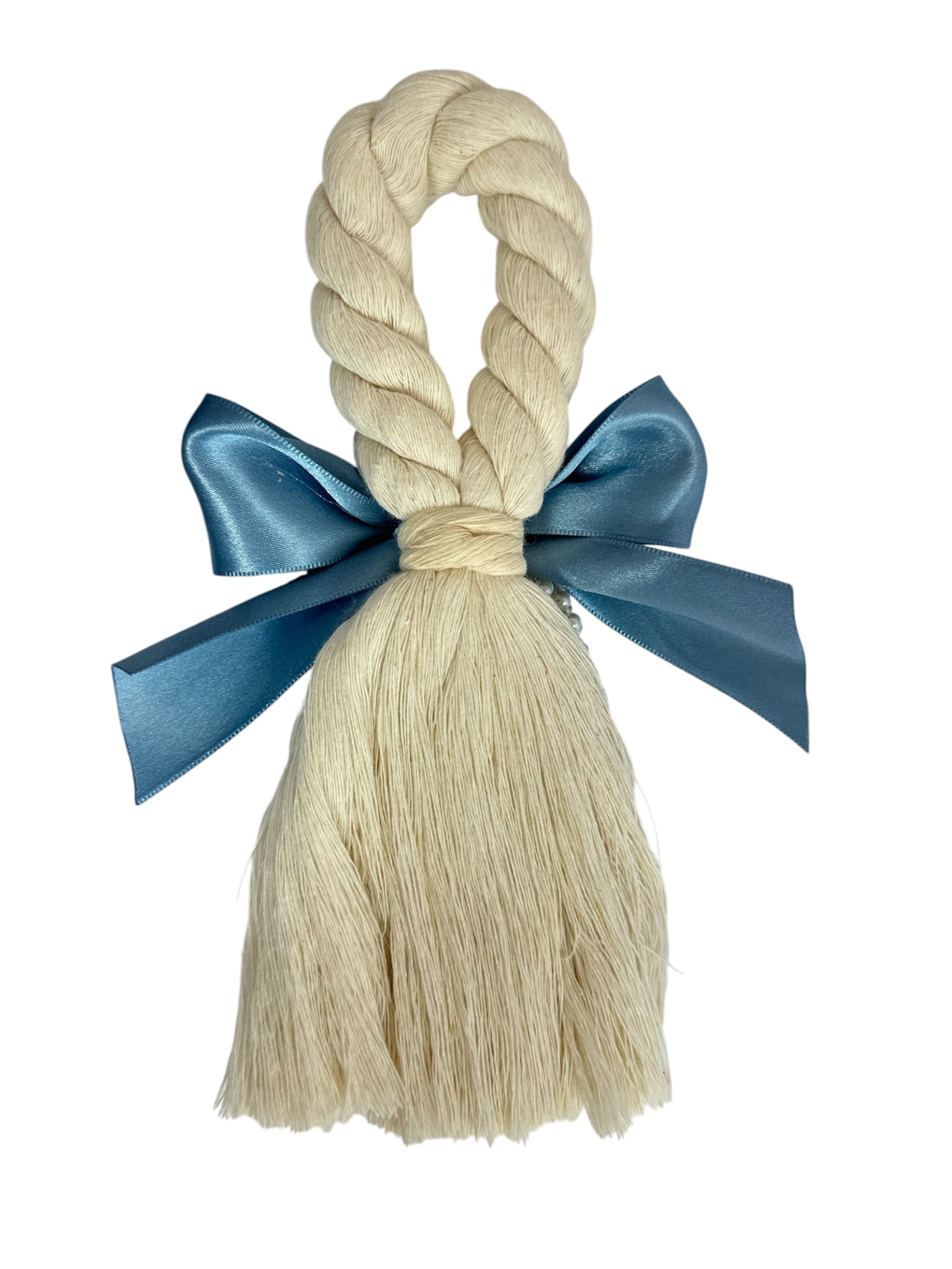 Blue satin bow with Our Lady of Guadalupe wall hanging, Catholic devotional ornament, 8.5-inch religious decor by Jose Alberto Chavez