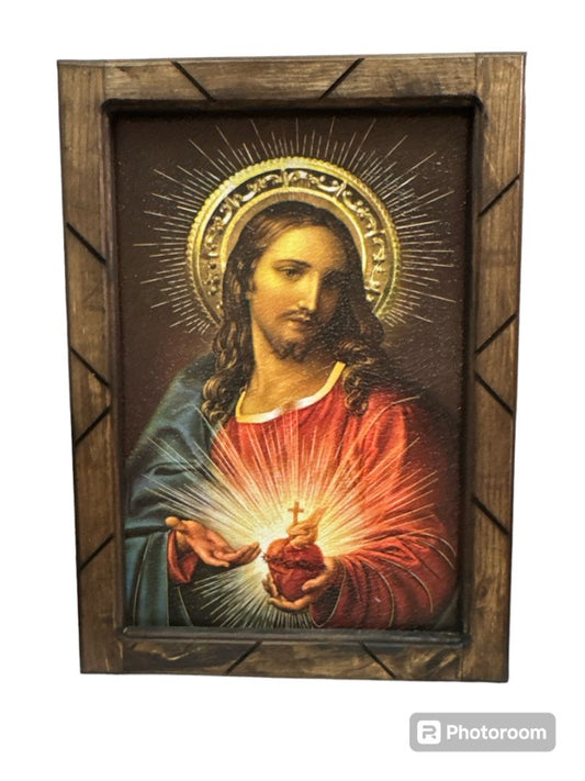 Sacred Heart Religious Wall Art Print with Wood Frame – Elegant Accent 13 x 17.5 Inches