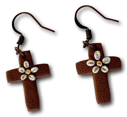 Daisy Cross Polymer Clay Dangle Earrings – 1.5"x1" with Nickel-Free Brass Hooks