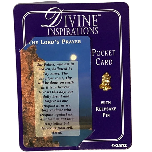 Divine Inspirations pocket prayer card with keepsake pin featuring faith-inspired Christian religious design, Catholic devotional accessory.