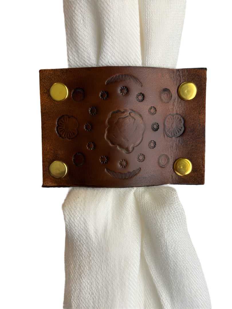Double-Sided Brown Leather Scarf Slide- Gold Gauze Concho with Floral Design- 2 x 3 Size