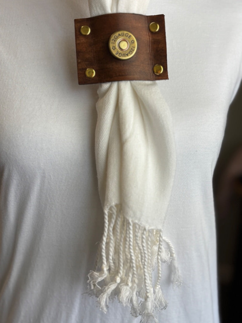 Double-Sided Brown Leather Scarf Slide- Gold Gauze Concho with Floral Design- 2 x 3 Size