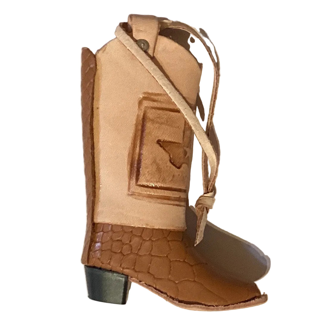 Mini leather cowboy boot keychain in western style, yellow and brown, from Ysleta Mission Gift Shop, perfect as a souvenir or accessory.