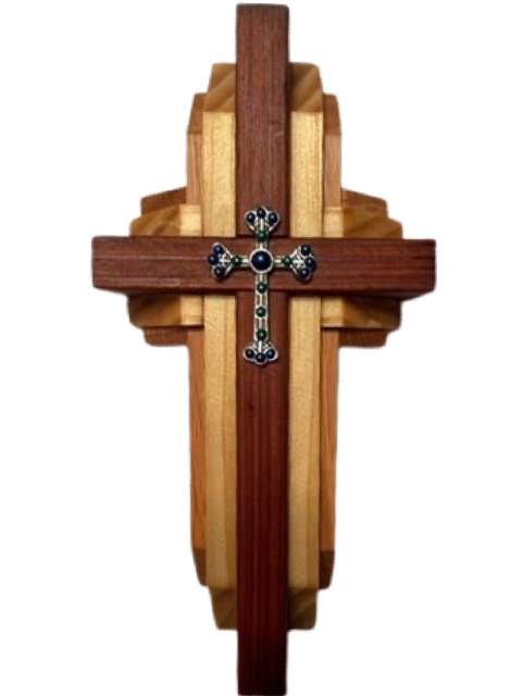 Cross Redwood Cedar Oak With Silver Blue And Turquoise Cross 8.5x4.5