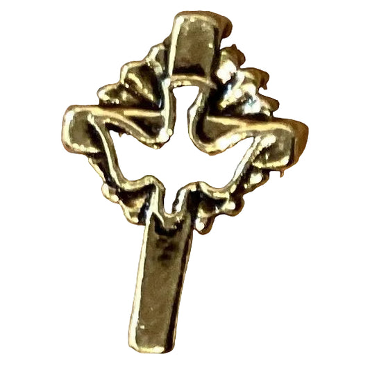 Gold Holy Spirit cross brooch with .75-inch size, featuring intricate religious design, jewelry and accessories from Ysleta Mission Gift Shop