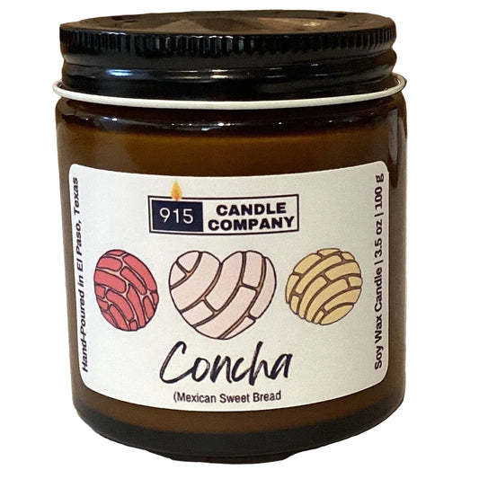 Scented soy wax candle in 3.5 oz concha-shaped mold, featuring Mexican sweet bread design by Karin Melson.
