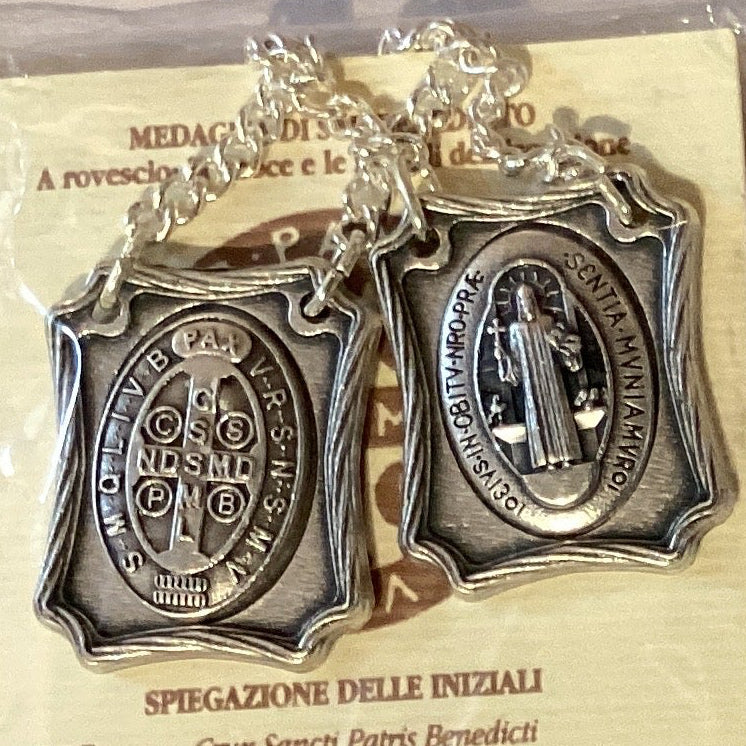Silver metal Saint Benedict protection scapular with prayer card, Catholic Christian gift made in Italy.