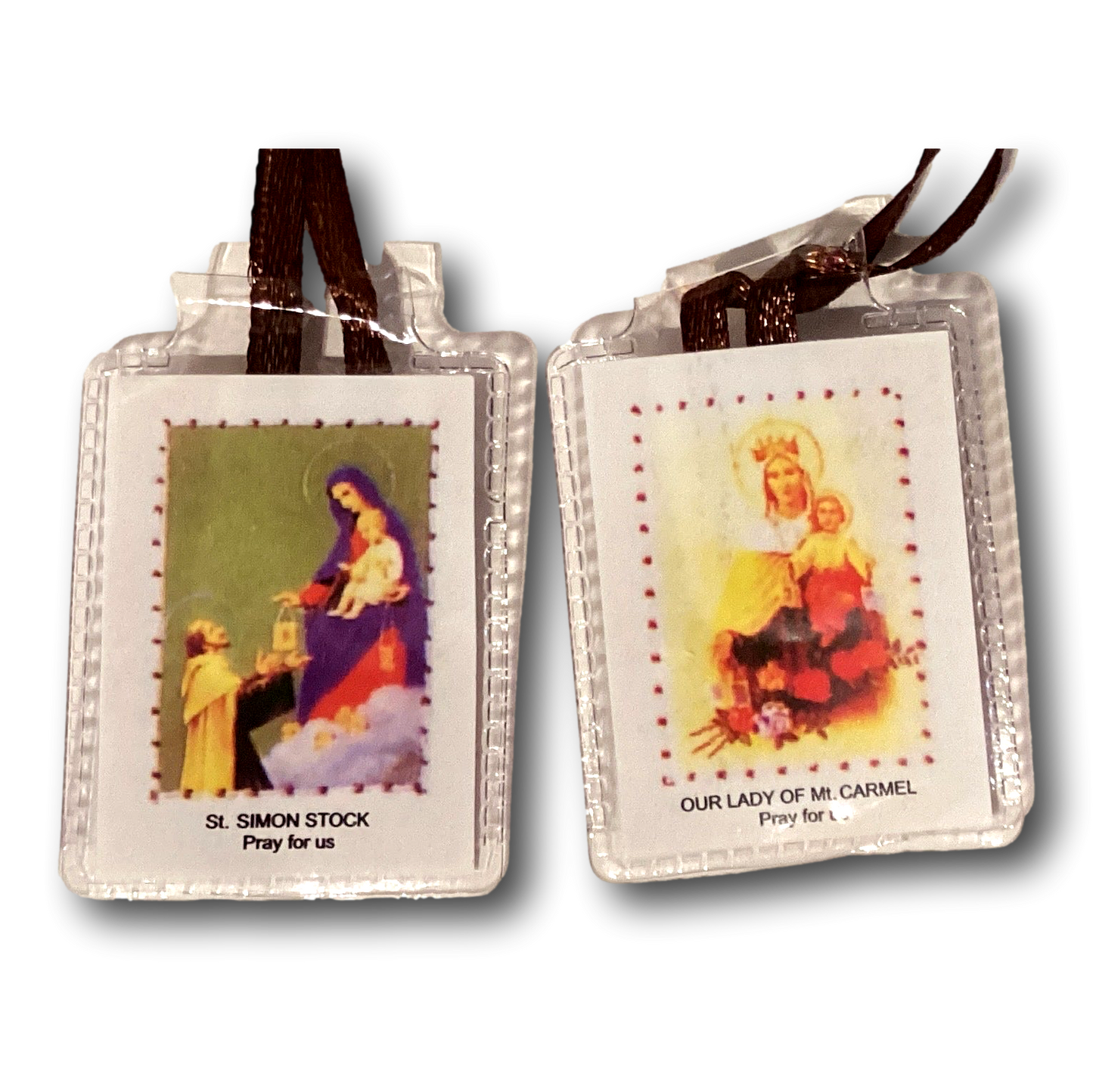 Brown wool scapular featuring Our Lady of Mount Carmel and St. Simon Stock, Catholic Christian gift, with ribbon attachment.