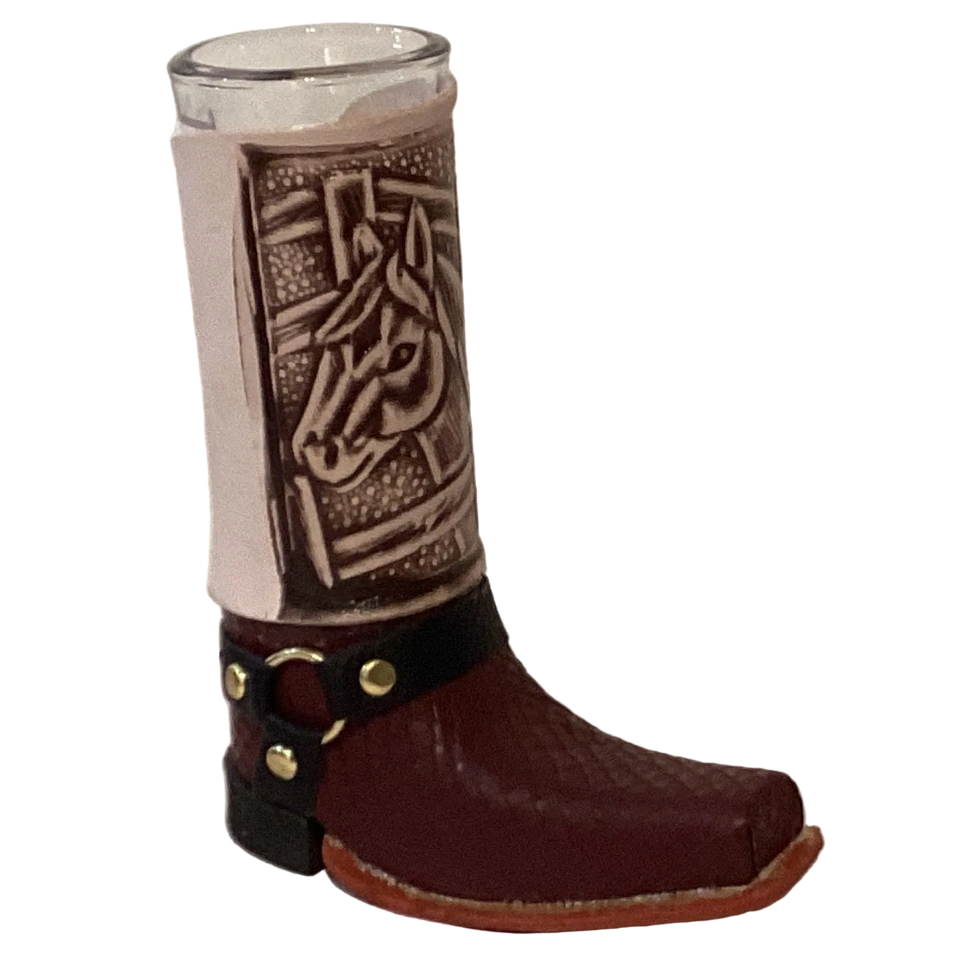 Handcrafted real leather boot shot glass with removable glass insert, available in assorted styles, ideal for home and garden decor.