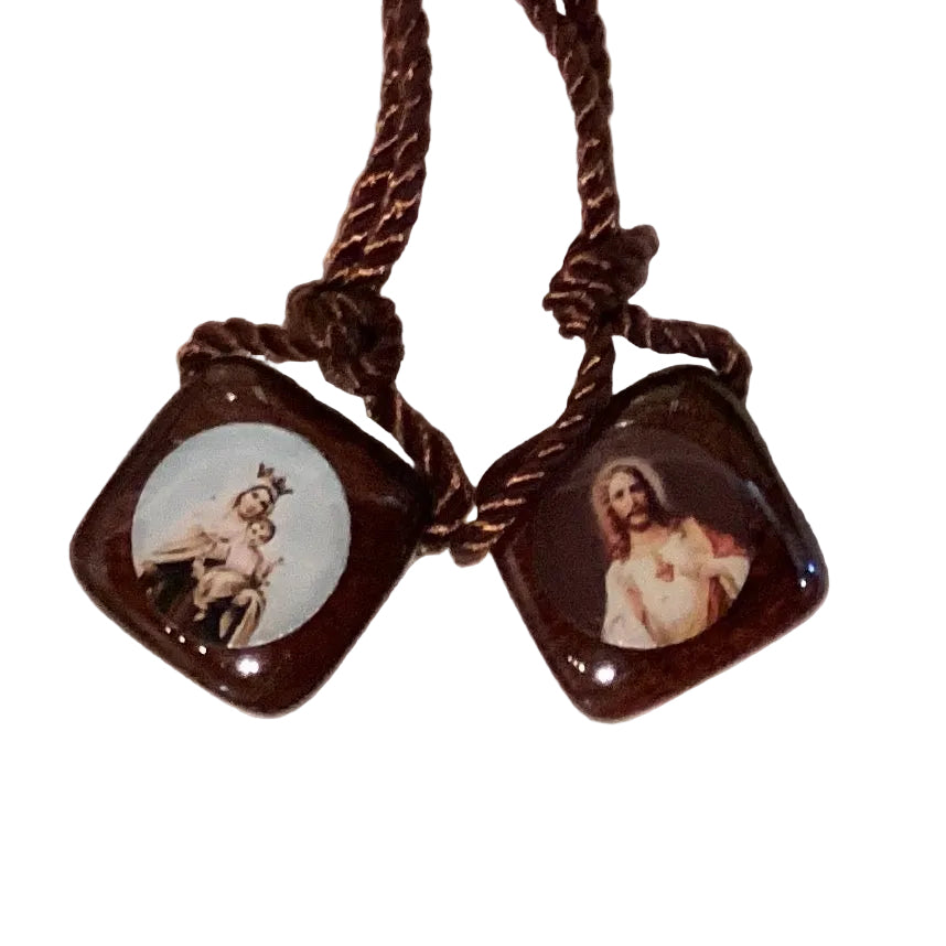 Laminated brown scapular with Sacred Heart of Jesus and Our Lady of Mt Carmel images, 0.5 x 0.5 inches, Catholic Christian gift.