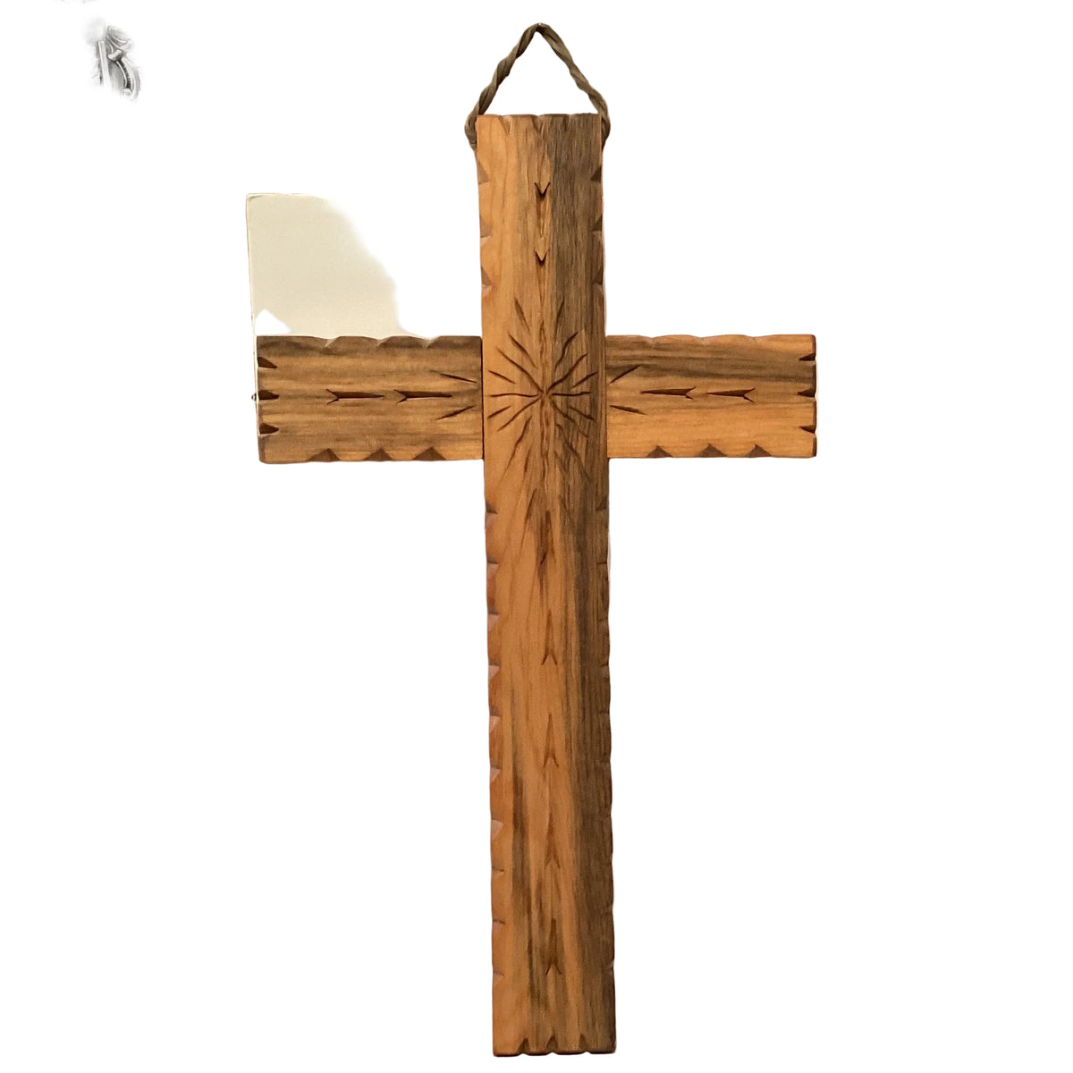 Hand-carved wooden New Mexico cross, Catholic wall art with Southwestern design, 21 x 11.5 inches, crafted by Ysleta Mission Gift Shop.