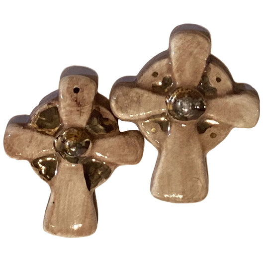Handmade glazed clay mini cross, a Christian keepsake, 1 inch tall, featuring detailed religious design, from Ysleta Mission Gift Shop.