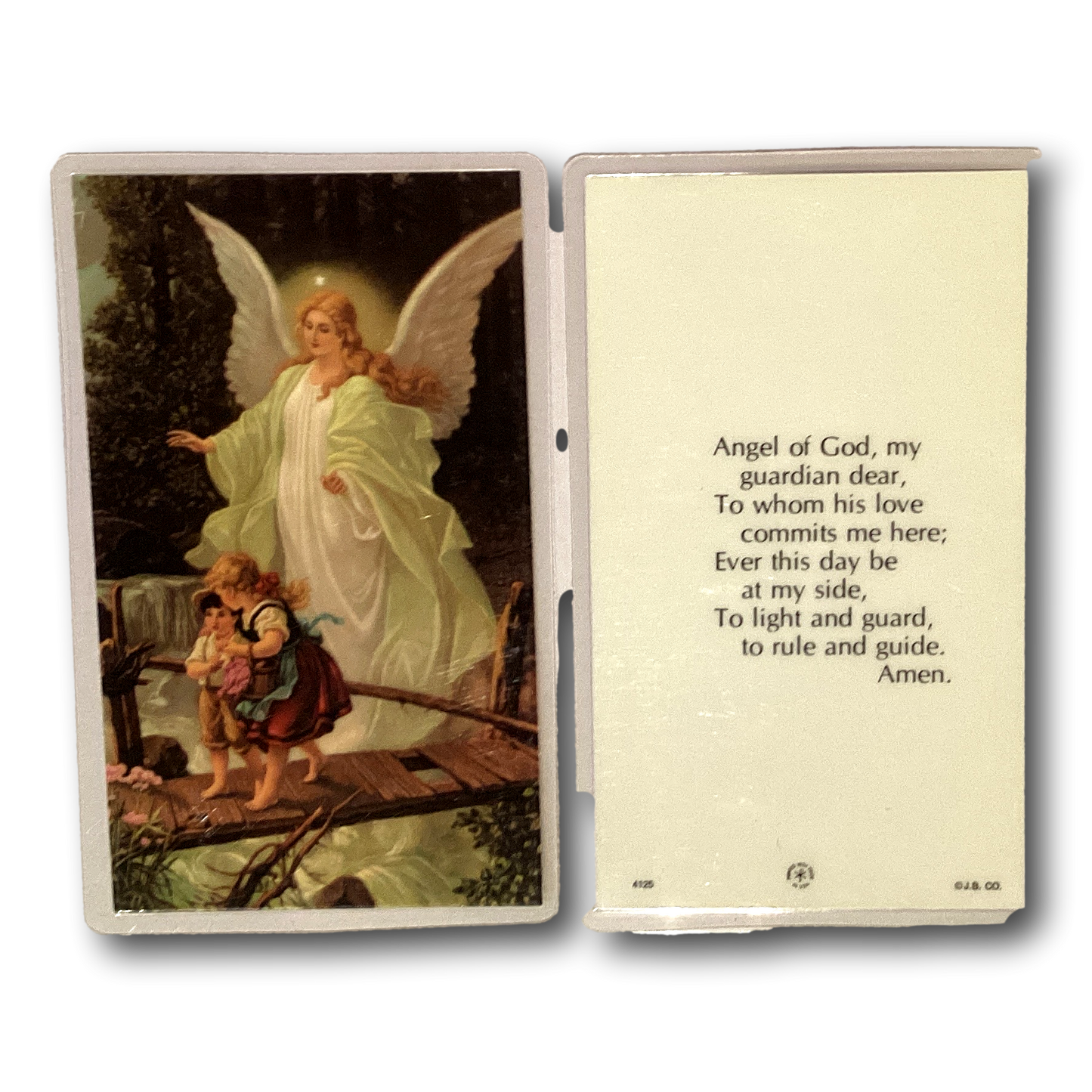 Guardian Angel Prayer Card from Ysleta Mission Gift Shop, featuring religious artwork and prayer text on a spiritual card.