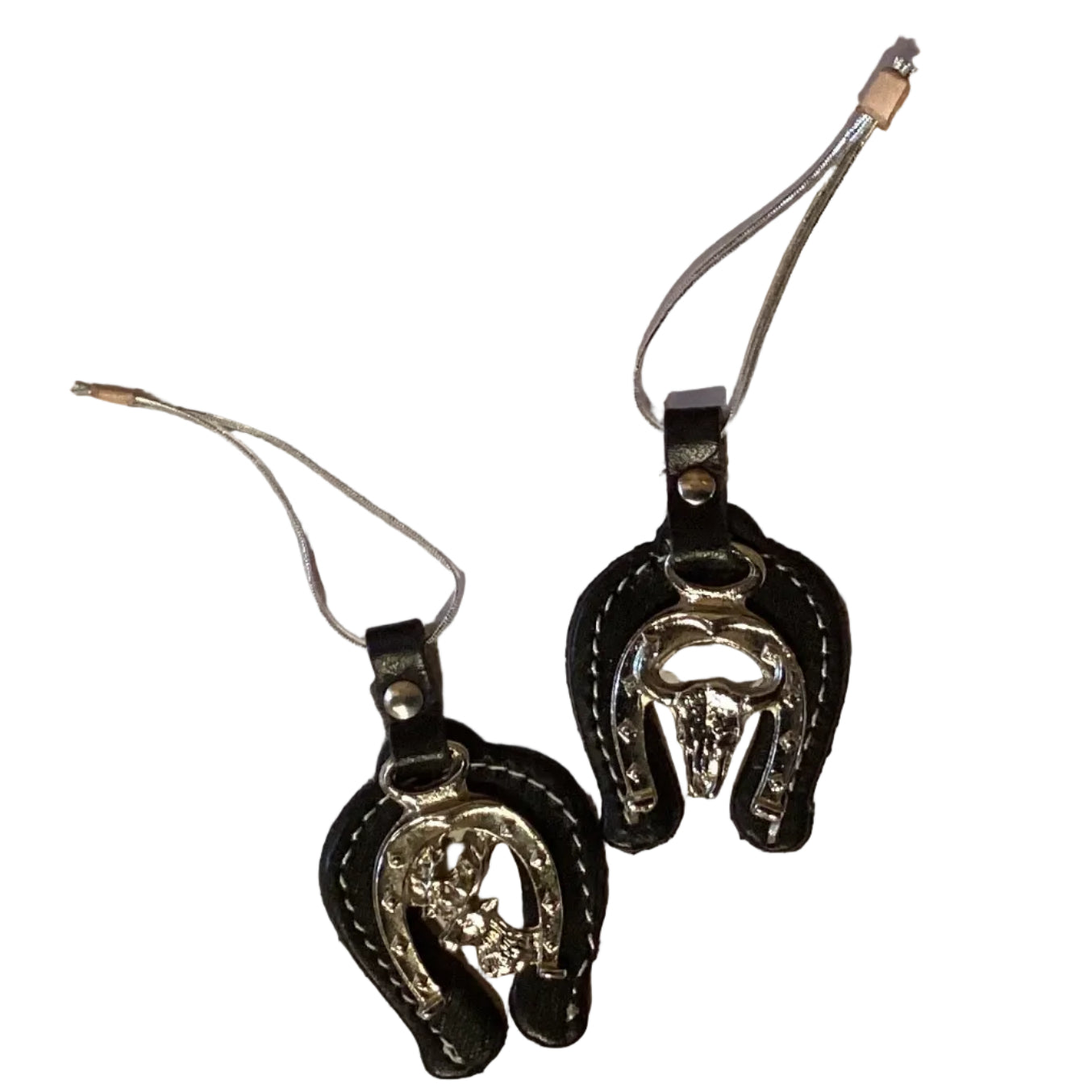 Leather horseshoe and deer keychain featuring Western wildlife design, from Ysleta Mission Gift Shop, perfect for keys or bags.
