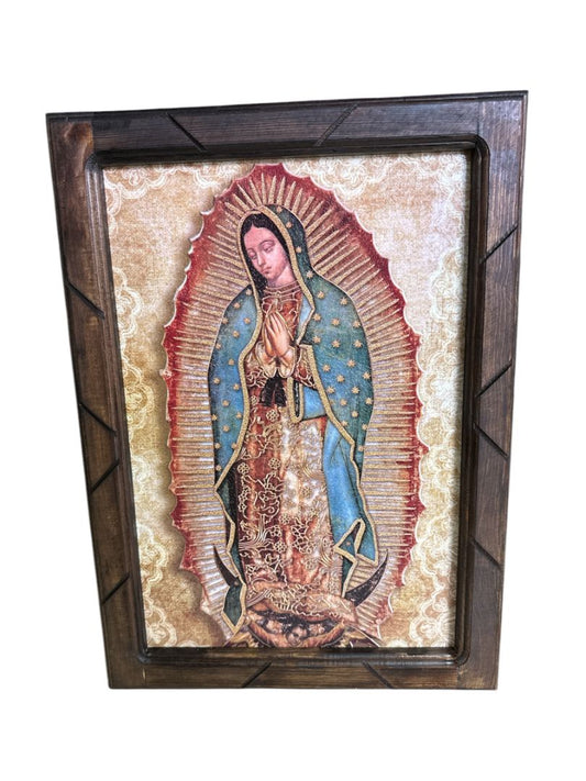 Our Lady of Guadalupe Religious Print with Wood Frame Various – Mexican Accent Art 13 x 17.5 Inches - Ysleta Mission Gift Shop
