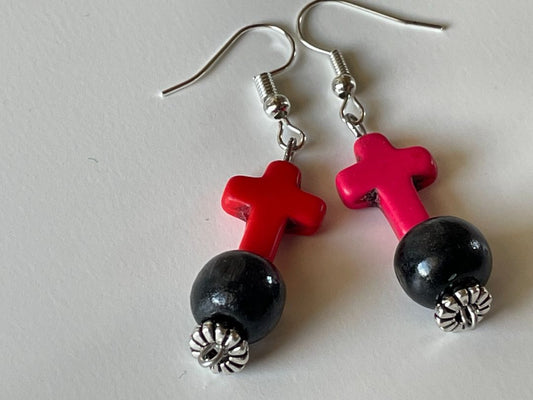 Wood & Stone Cross Earrings - 10mm Beads with Red Stone Cross