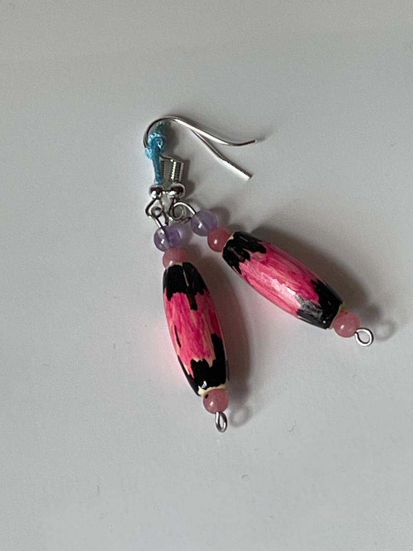 Bowling Pin Shape Wood Earrings with Pink and Black Hand-Painted Design, Amethyst Seed Beads, 1-Inch Dangle
