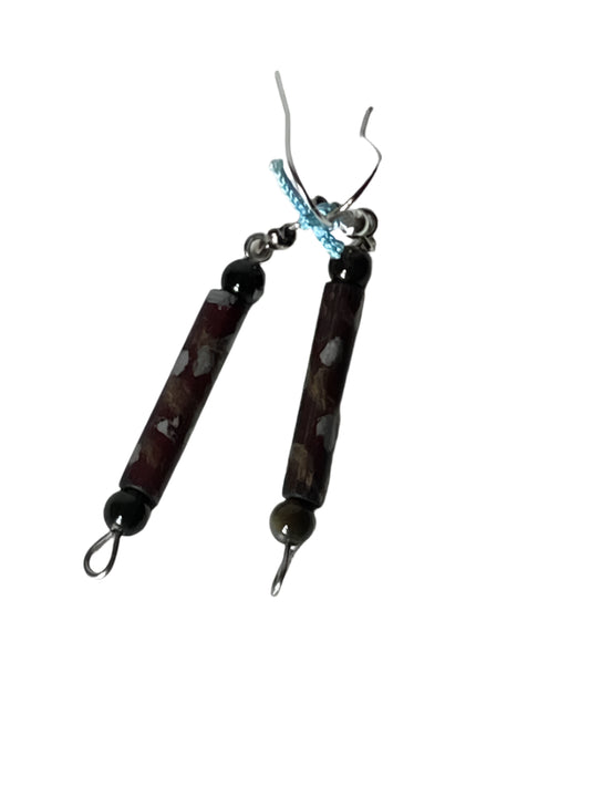 Long Tubular Wood Earrings with Hand-Painted Gold and Silver Design, Agate Seed Beads, 1-Inch Dangle